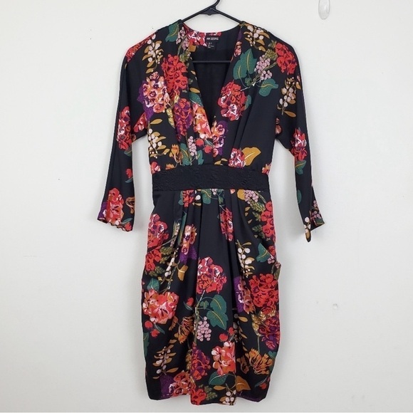 H & M Conscious Collection Kimono Dress Black Floral Pockets US 4 - Picture 2 of 13
